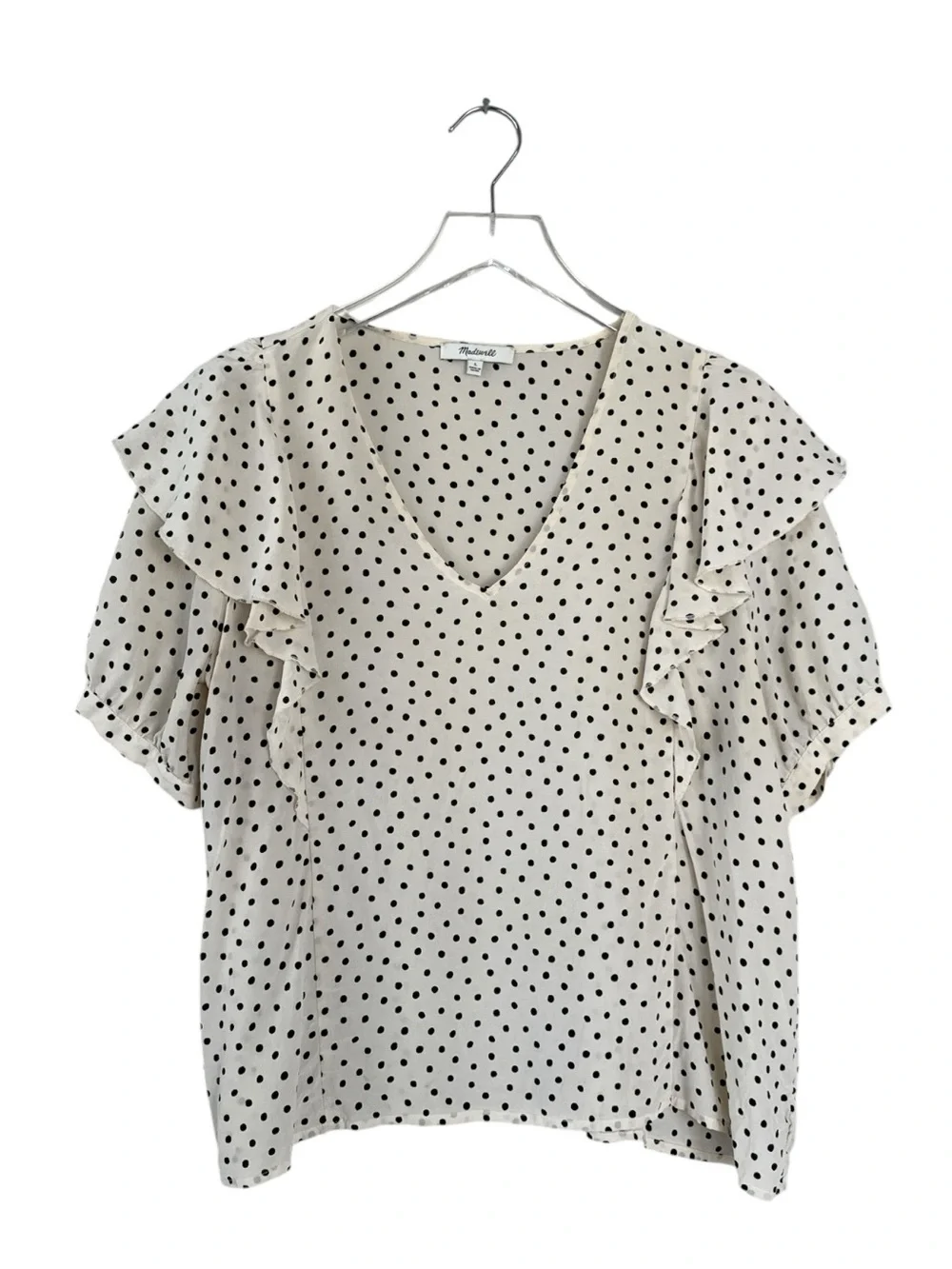 Madewell 100% Silk Polka Dot Ruffle Sleeve V-Neck Blouse Large
